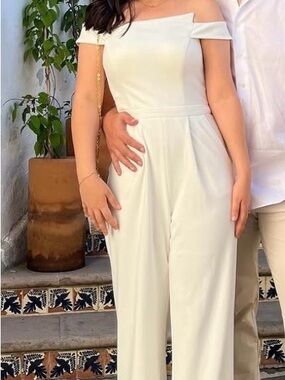 Xscape Off-Shoulder White Wide Leg Jumpsuit